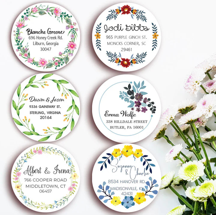 Floral Round Return Address Labels - Circles with Flowers